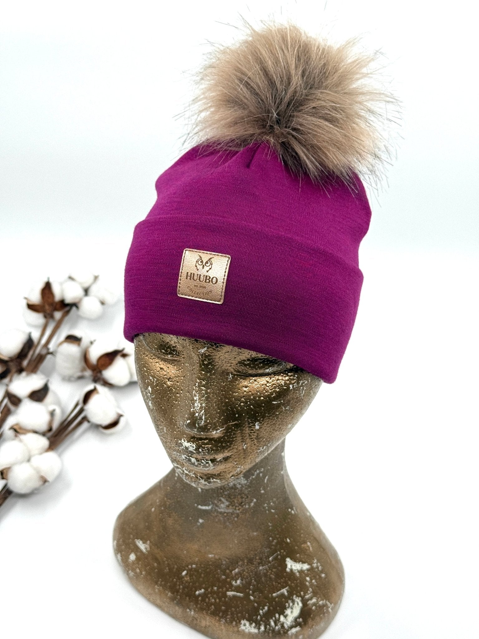 Lasten merinovillapipo, pinkki, violetti, tupsullinen.